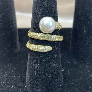 Freida Rothman Vault Sterling Silver Gold Spiral Ring w/ Faux Pearl